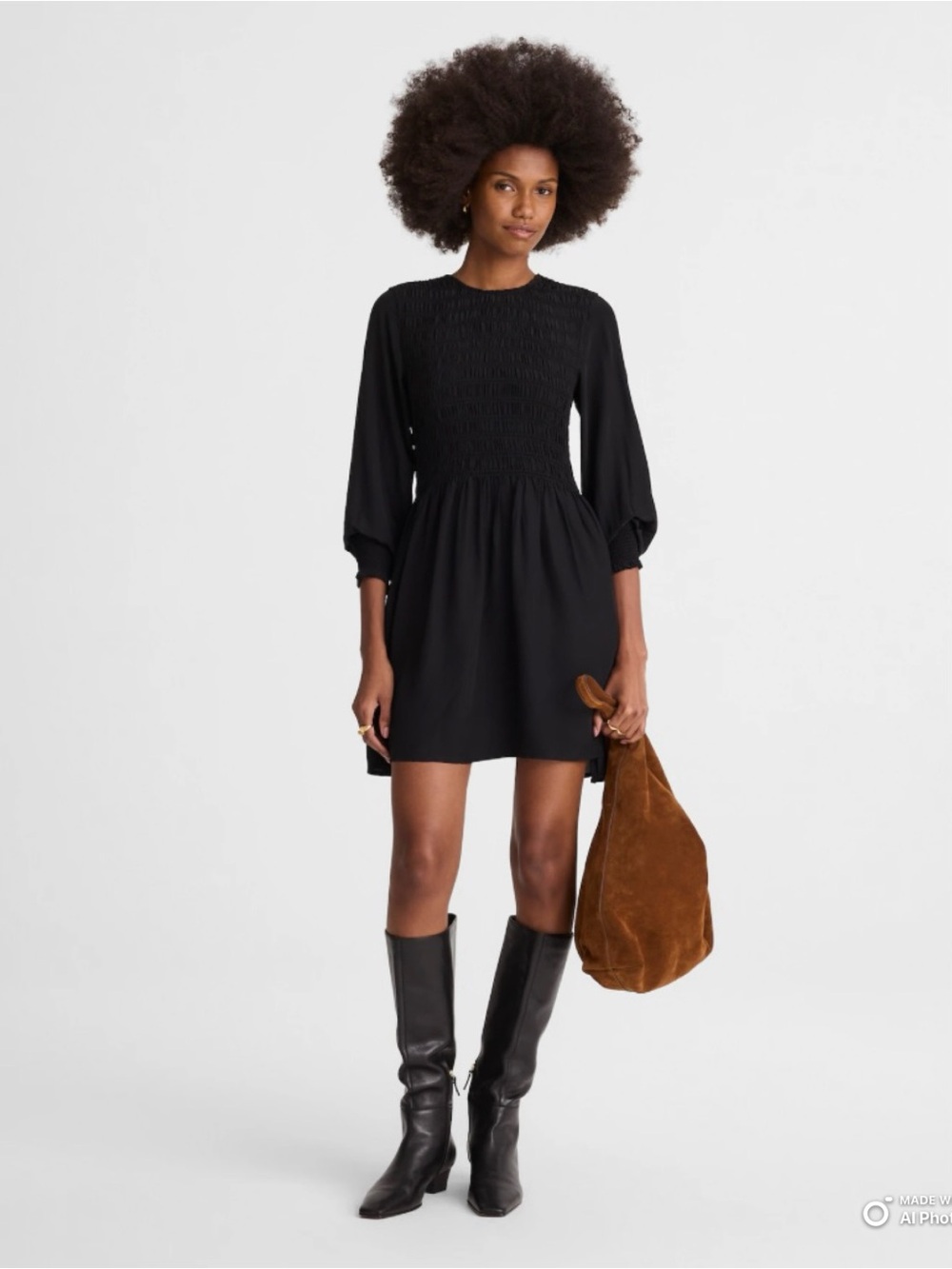 Madewell Black Long Sleeve Smocked Mini Dress Size Small NWT Fall Party Dress